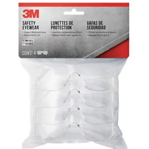 3M 90834-00000B Indoor Safety Eyewear, Clear Lens, Contractor Pack, 4-Pack